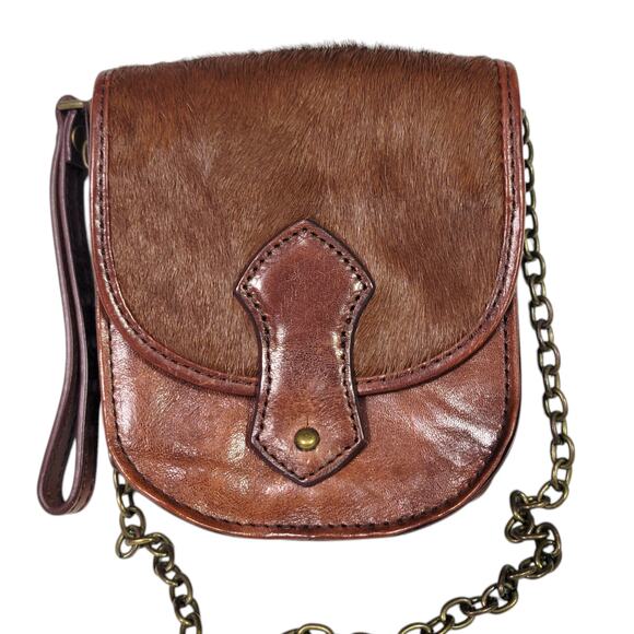 Club Monaco Leather Bag Brown Crossbody Chain Strap Satchel Saddlebag Calf Hair - Picture 1 of 12